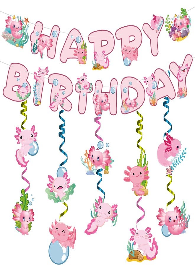 iPartyGo Axolotl Happy Birthday Banner - 12PC Pink Birthday Decor Backdrop Sign Party Supplies Set Cute Animals Photo Background Supplies Hanging Swirls Decorations Girls Boys Women Men Children Kids - Image 1
